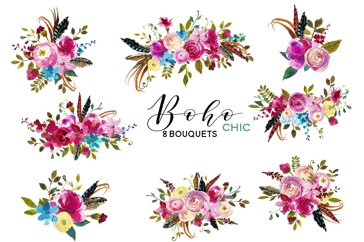波西米亚风格手绘水彩花卉装饰素材 45off-1-day-B