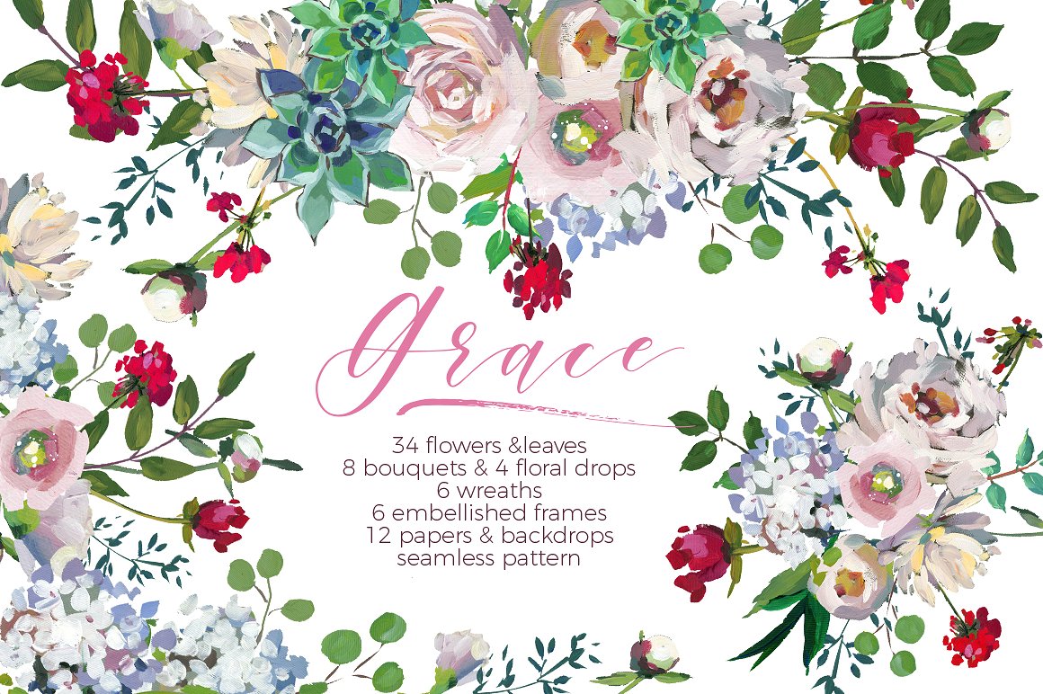 手绘水彩花卉植物设计素材Grace Wedding Flor