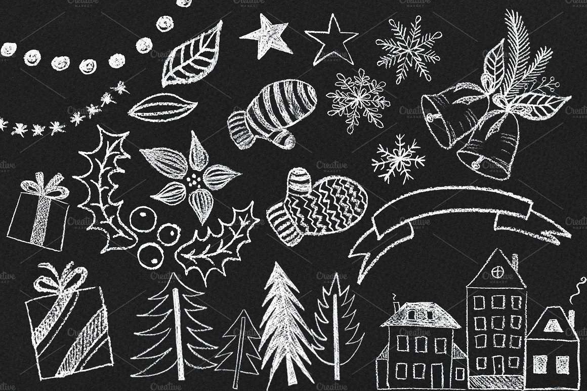 手绘冬季圣诞主题粉笔画装饰素材 Hello-Winter-H