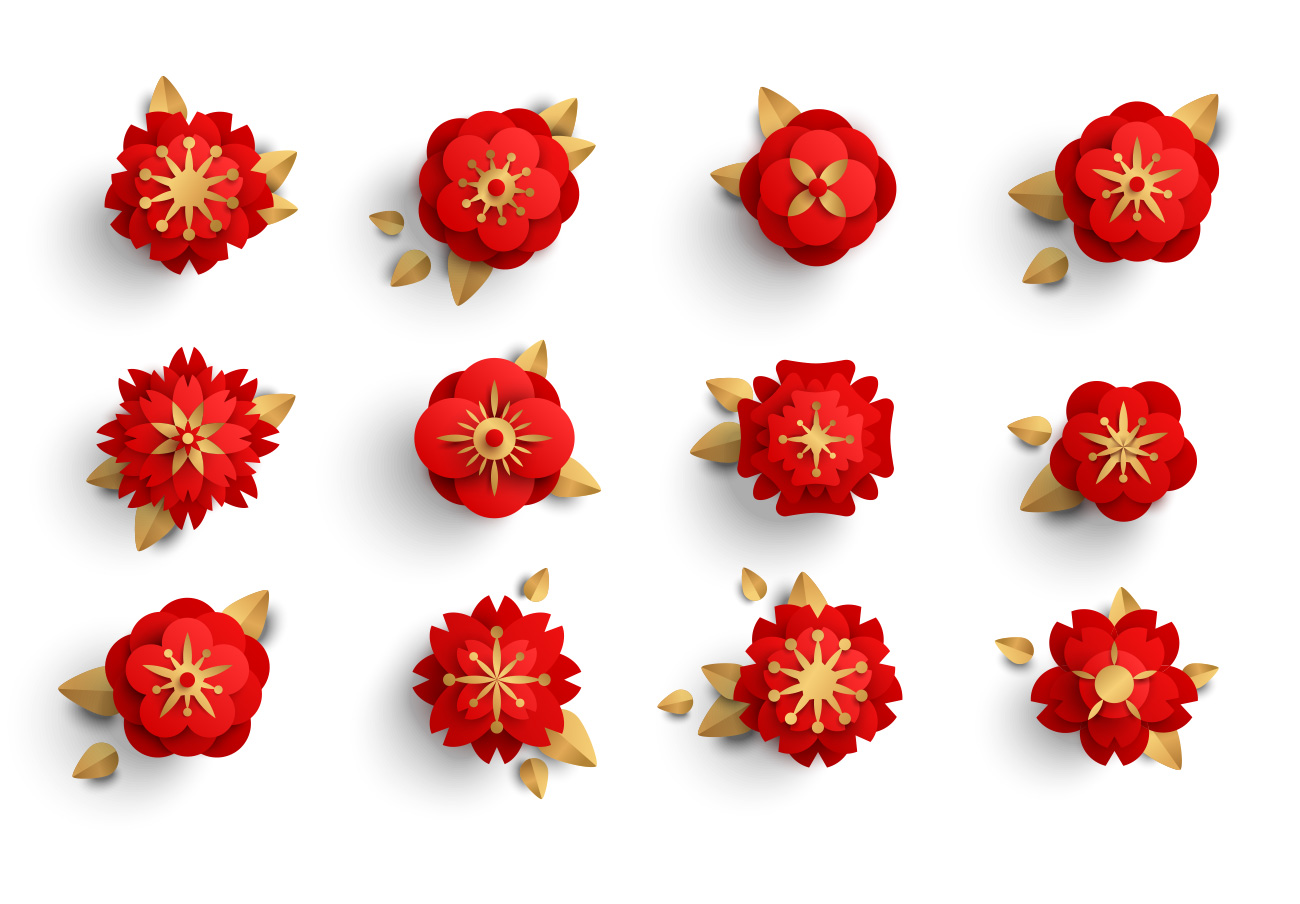 传统日式红色折纸剪纸艺术金叶的花 EPS矢量图素材