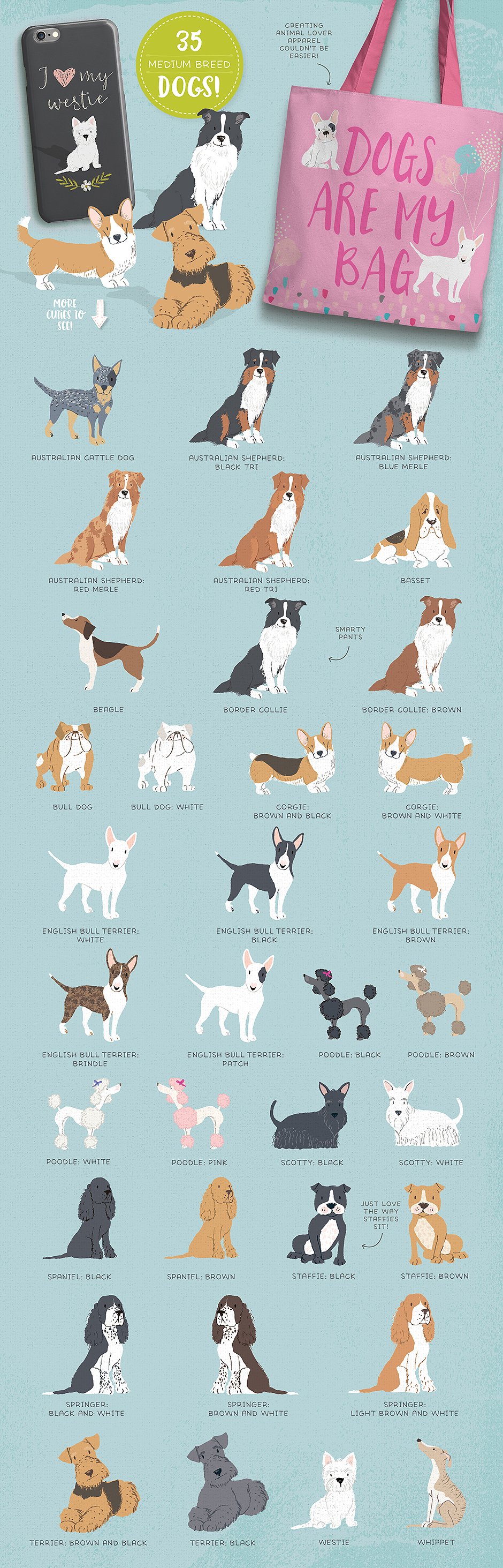 165种手绘动物设计素材 Cats-Dog-breeds-H