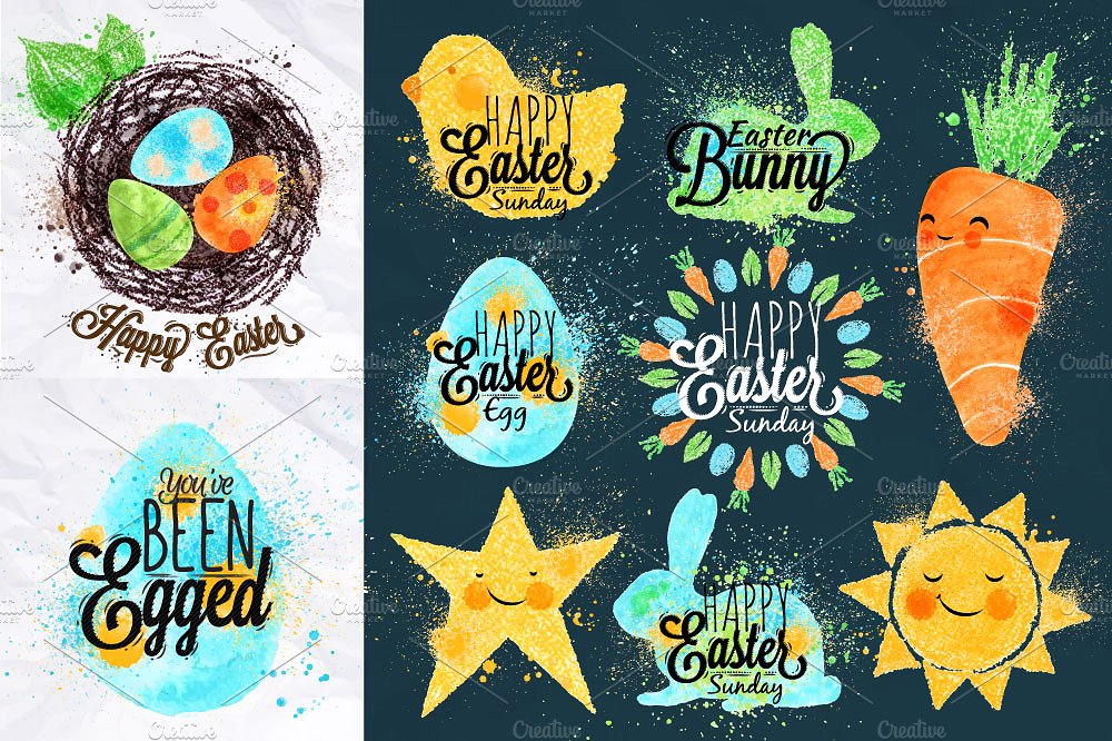 复活节主题手绘水彩可爱矢量插图素材 Easter-Set #