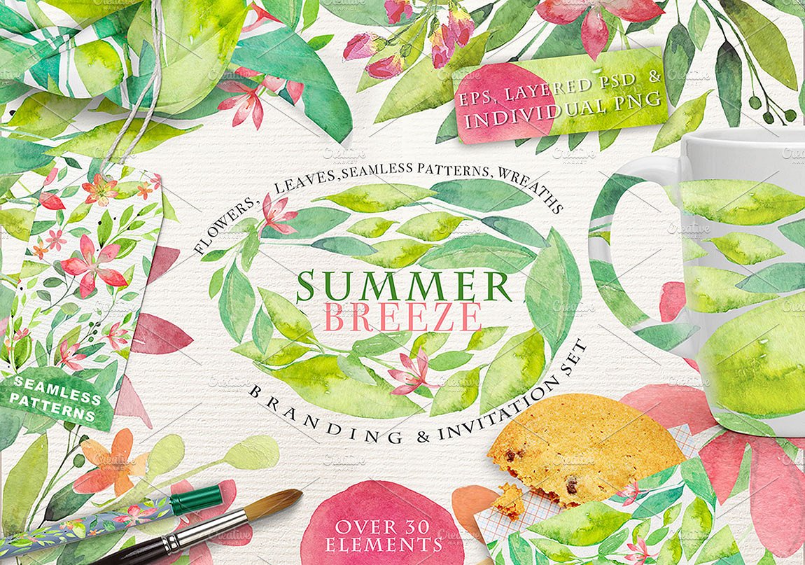 夏日主题手绘水彩花卉绿叶设计素材 SUMMER-BREEZ