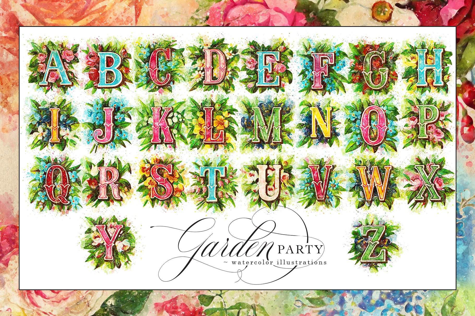 花园派对手绘水彩花卉设计素材 Garden-Party-Wa
