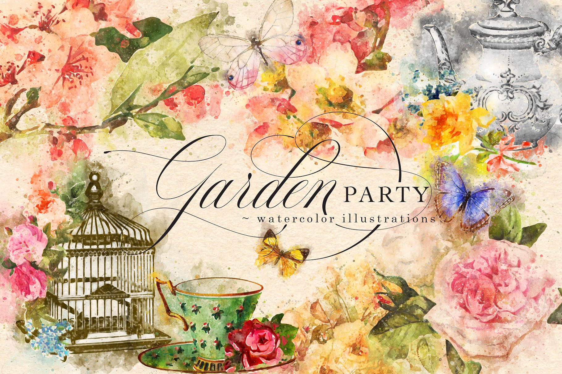 花园派对手绘水彩花卉设计素材 Garden-Party-Wa