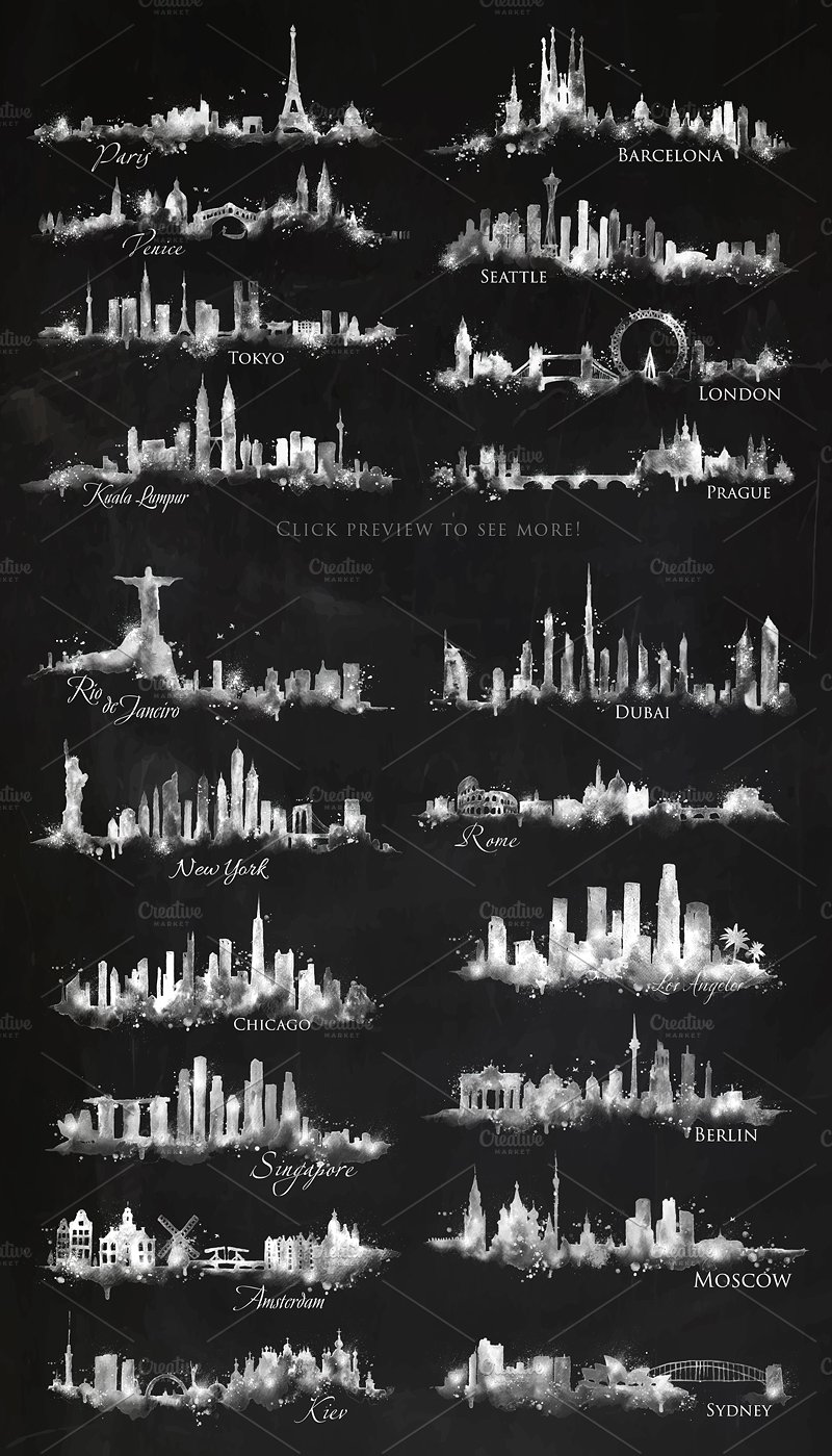 手绘水彩飞溅城市剪影设计素材Silhouette city