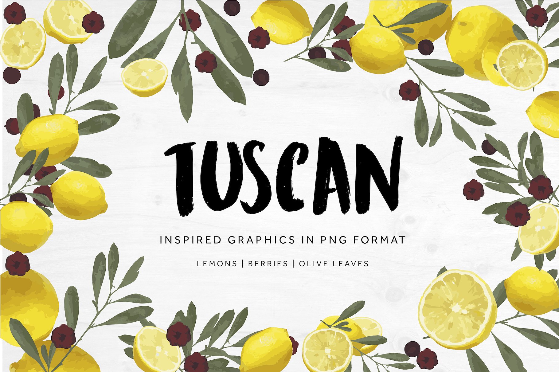 手绘水彩橄榄枝柠檬设计素材 Tuscan-Inspired-