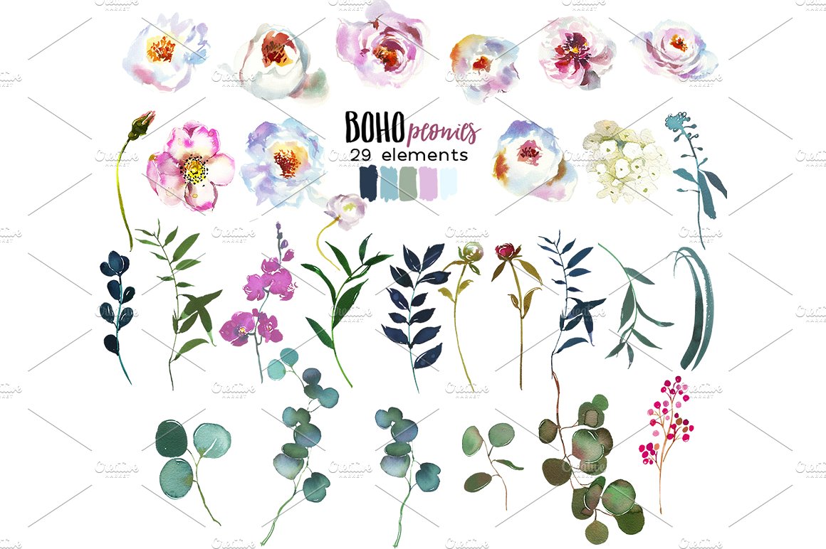波西米亚风格手绘水彩花卉植物设计素材 Promo-Sale!