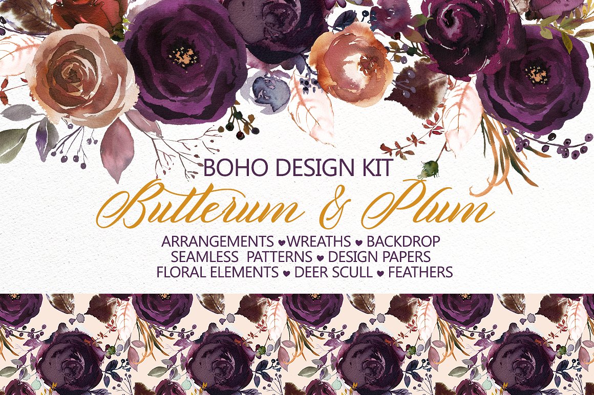 手绘水彩花卉植物设计素材Butterum & Plu