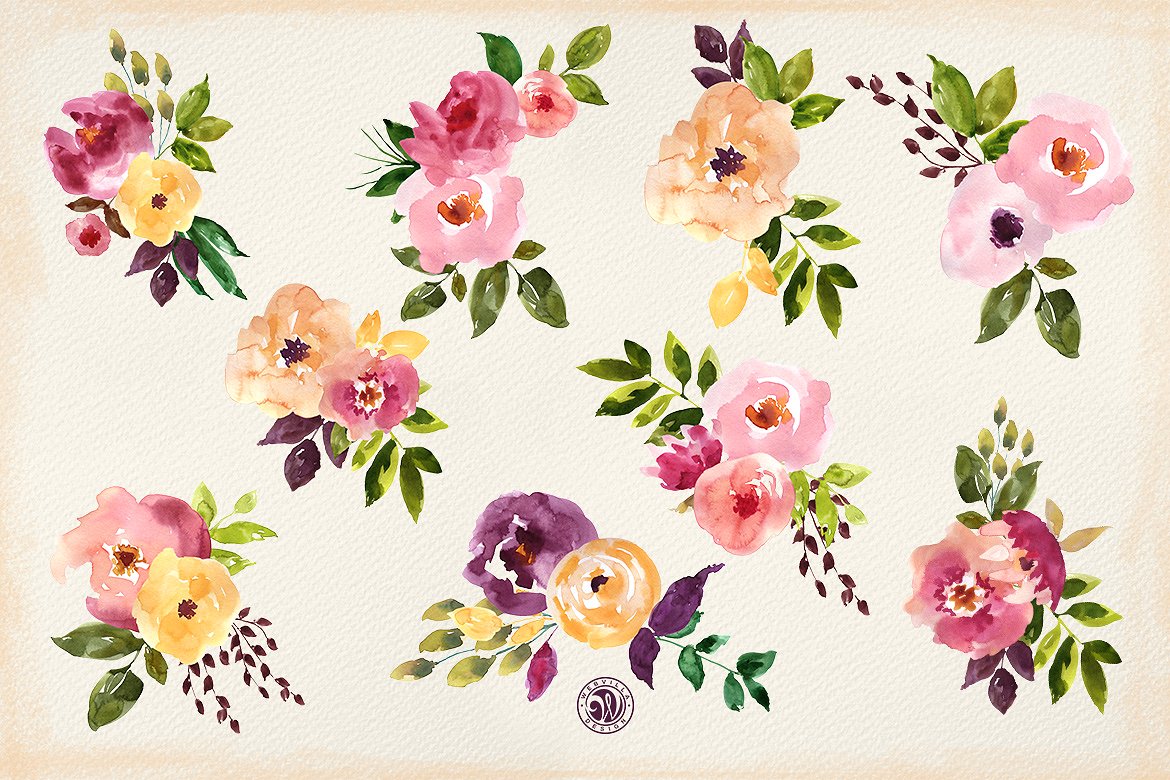 手绘水彩花卉植物设计素材Orangery Watercolo