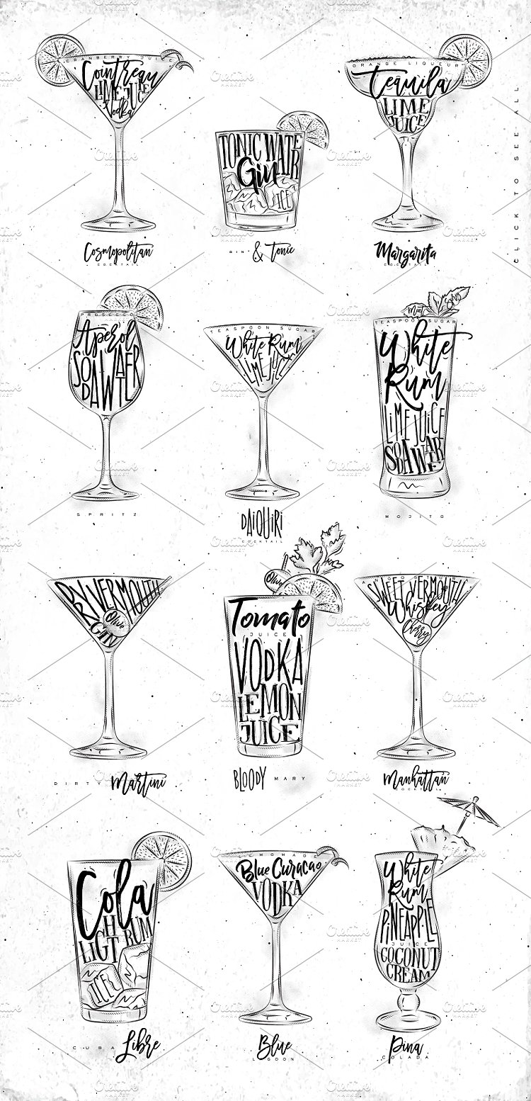 手绘酒杯元素设计素材Poster Cocktails
