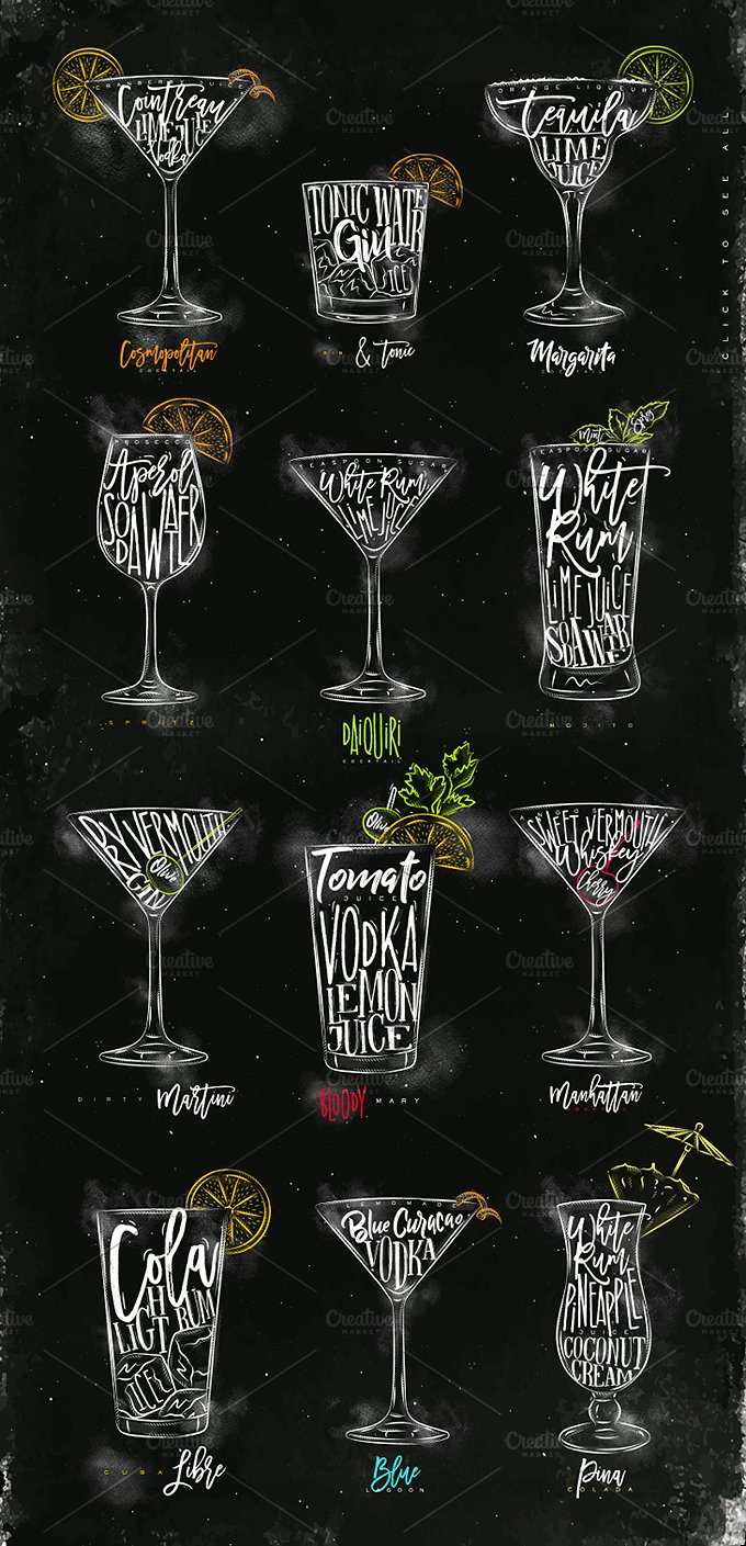 手绘酒杯元素设计素材Poster Cocktails