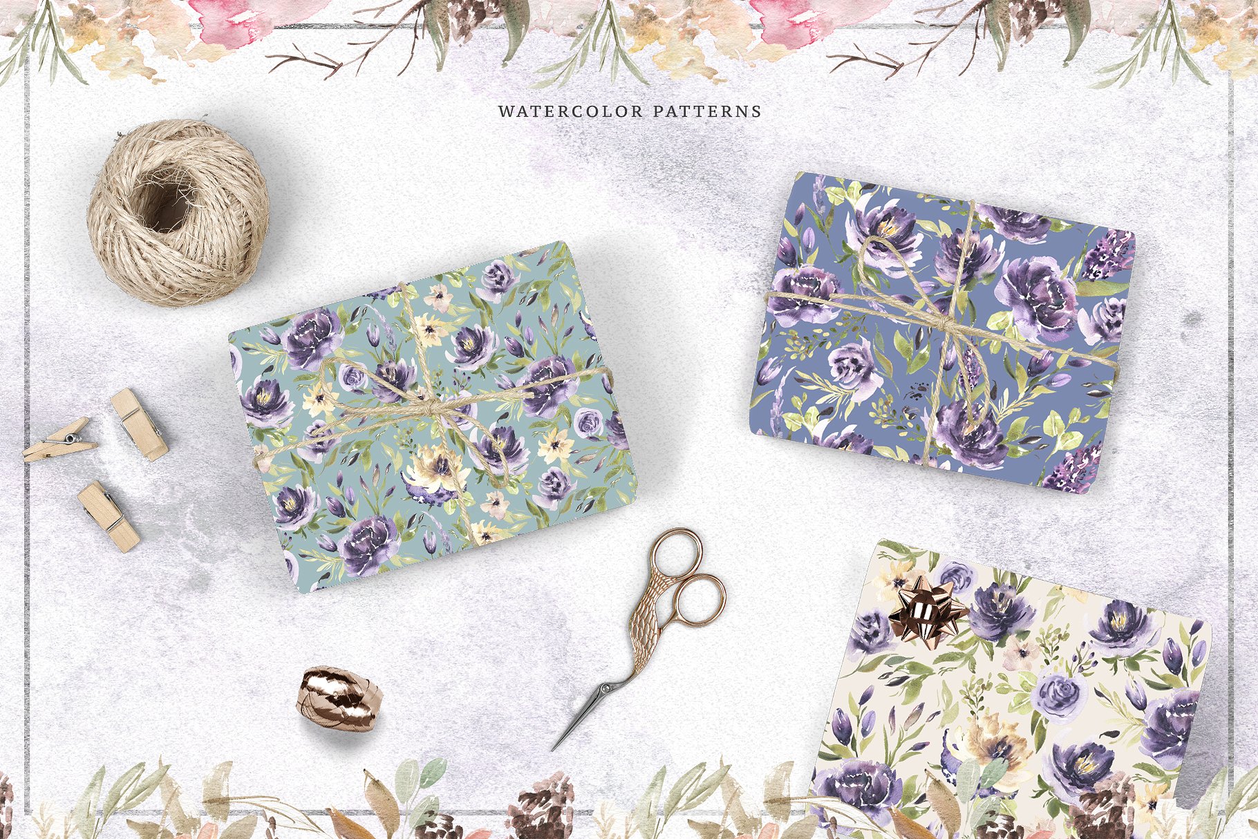 手绘水彩紫色花卉植物设计素材Violet Bouquets