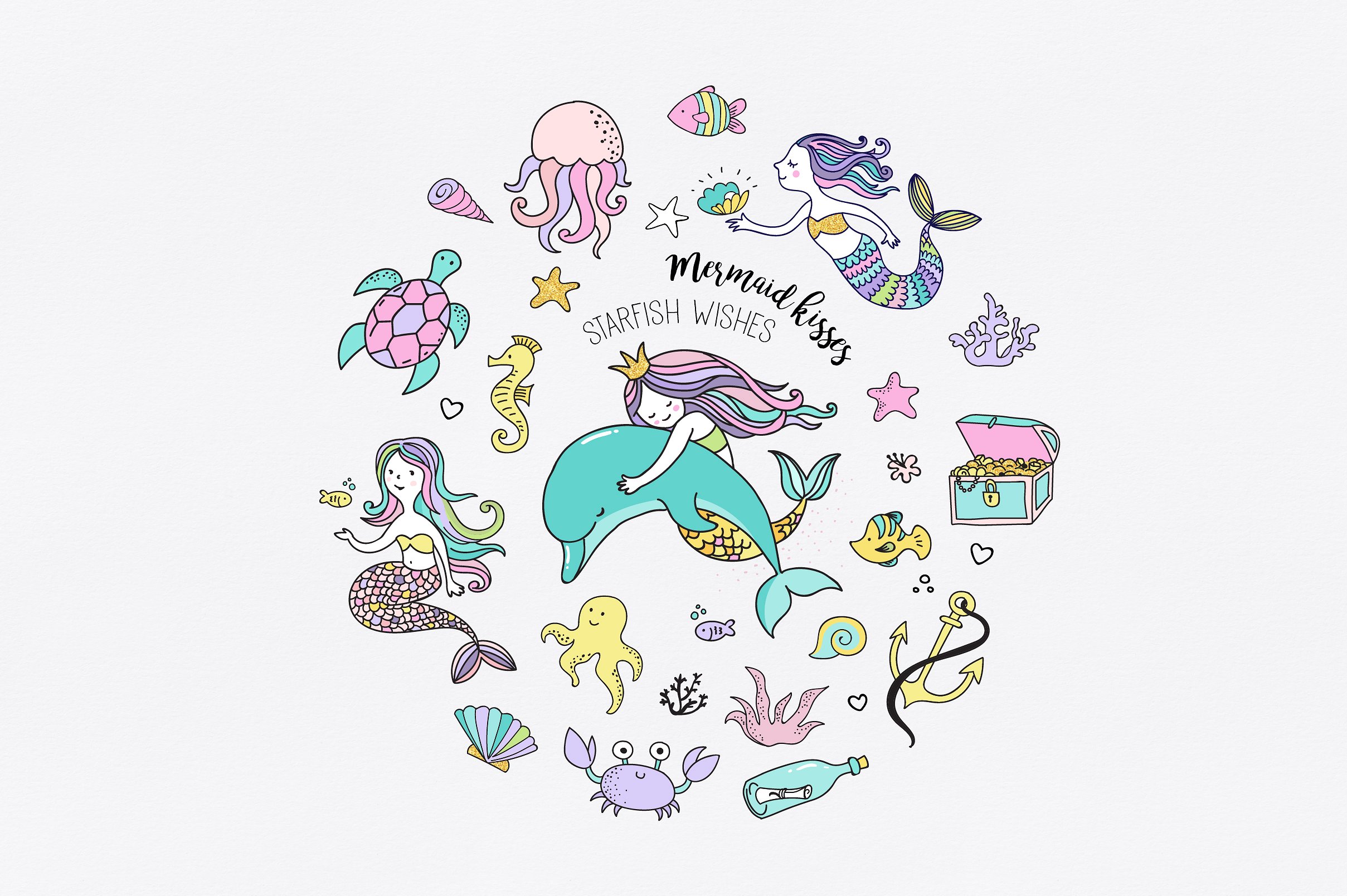 创意现代小美人鱼与海洋生物元素贺卡卡片模板 Little-M