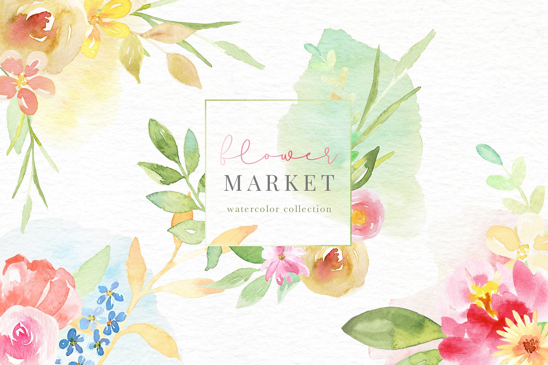 手绘水彩花卉和花卉字母设计素材 Flower-Market-