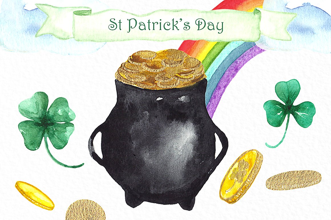 圣帕特里克节主题手绘水彩装饰素材 St-Patricks-d