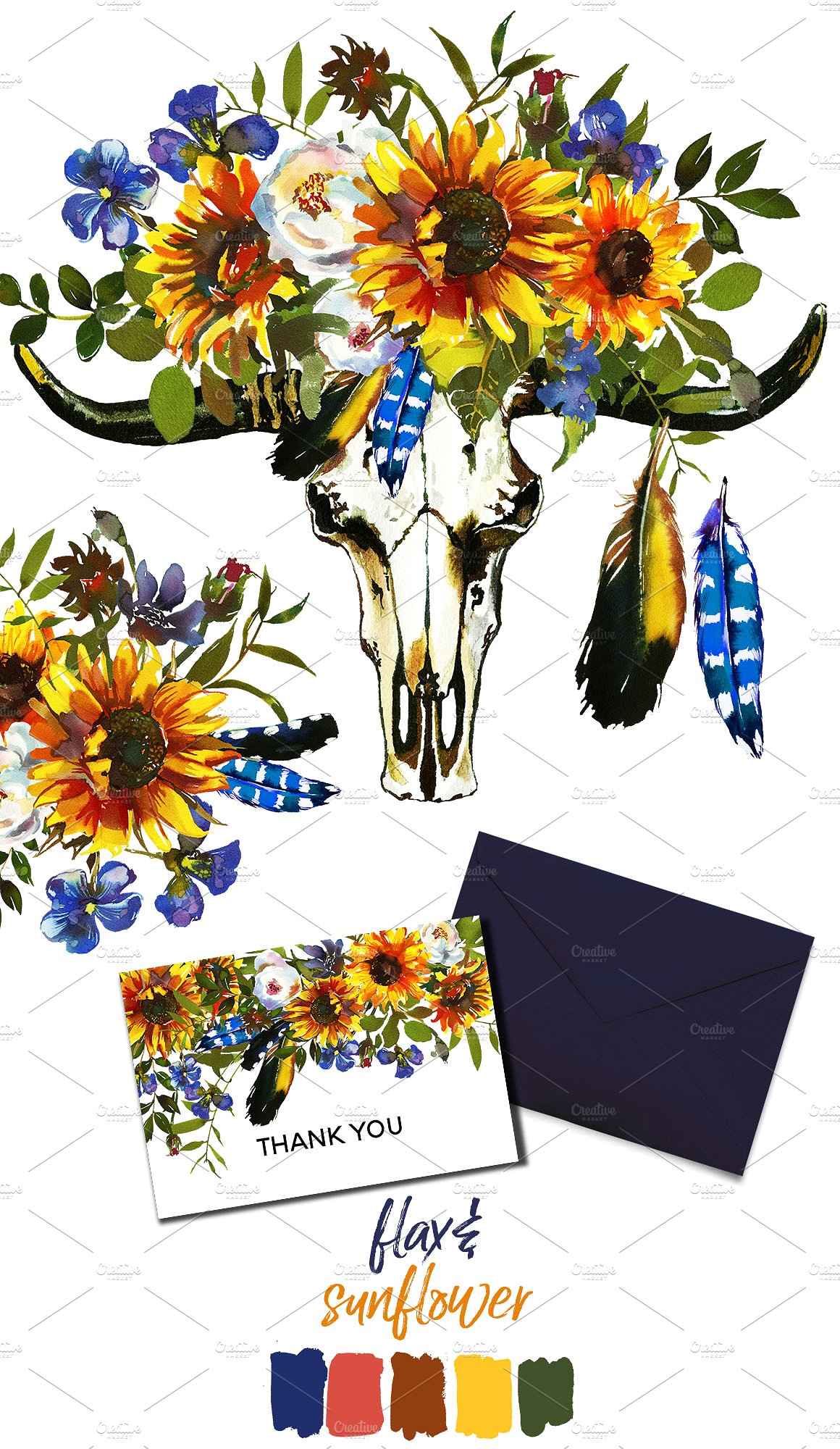波希米亚风格手绘水彩向日葵设计素材 Boho-Sunflow