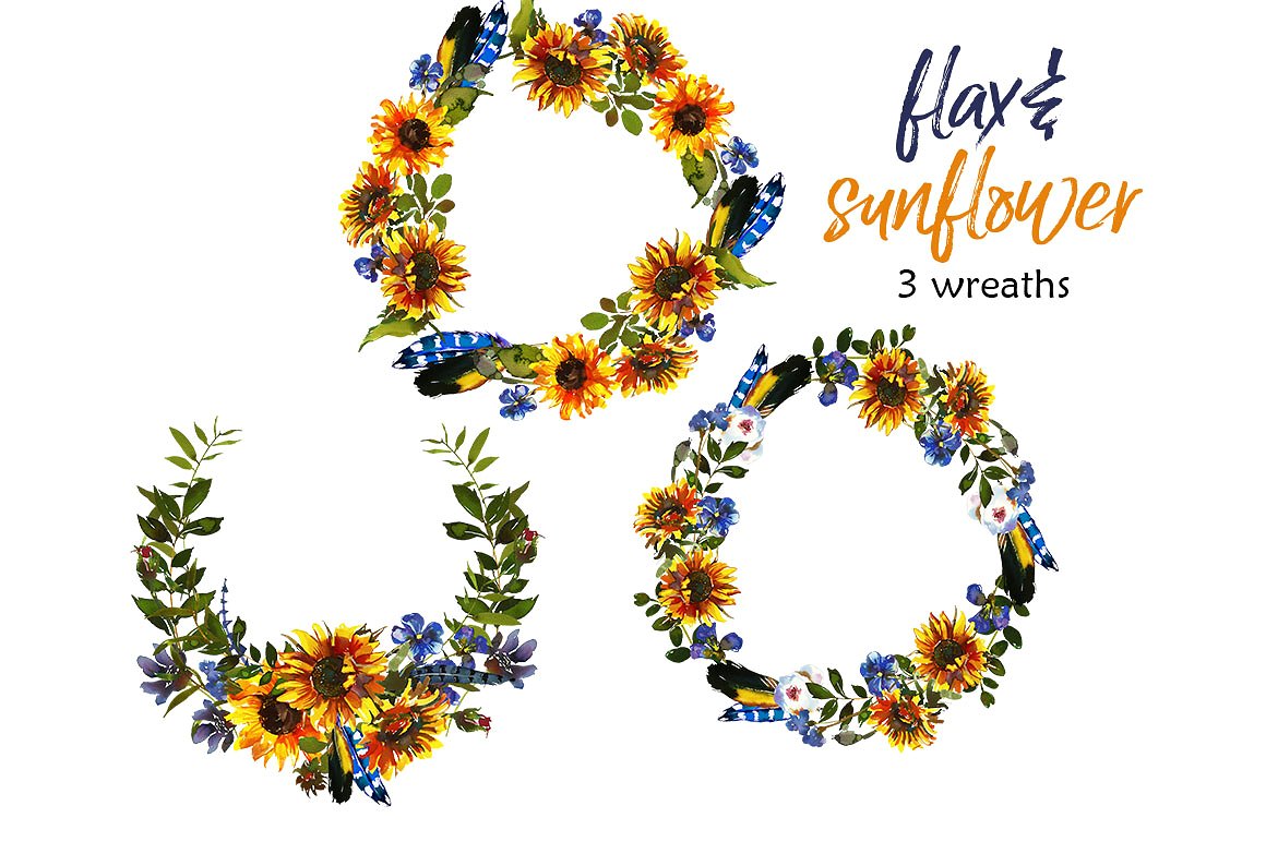 手绘水彩向日葵设计素材Boho Sunflower Flax