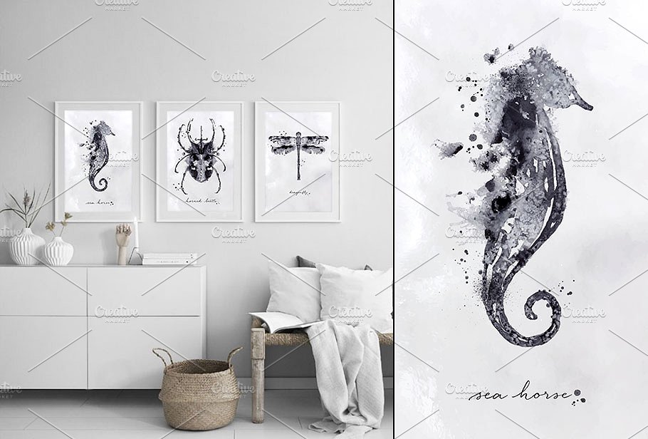 手绘水彩昆虫设计素材Monotype Poster