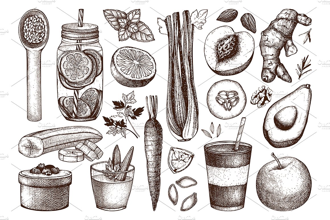 复古手绘蔬菜和水果插画素材 Vegetarian-food-