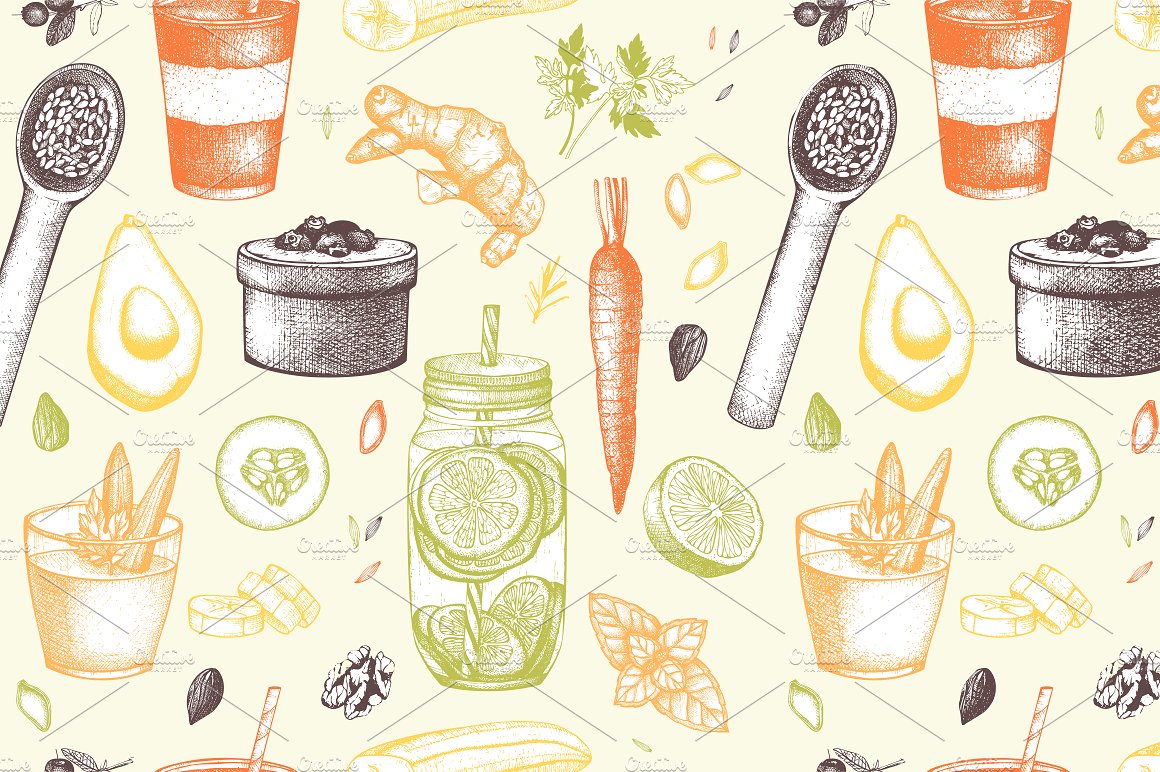 复古手绘蔬菜和水果插画素材 Vegetarian-food-
