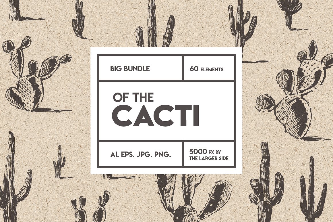 草图风格手绘仙人掌设计素材Big cacti bundle,