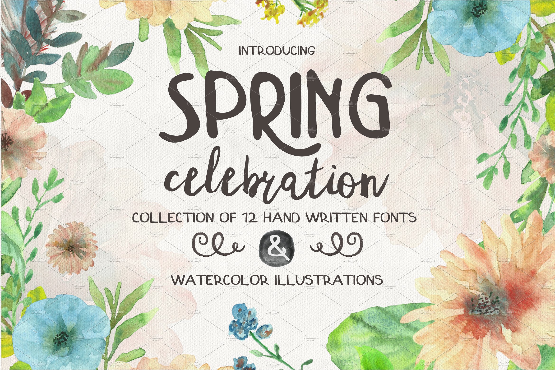 春天主题手绘水彩花卉字体装饰素材 Spring-Celebr