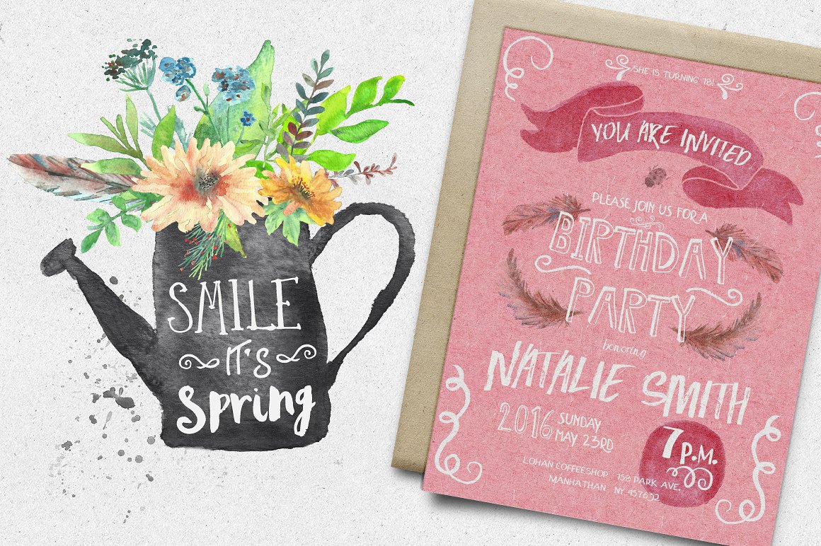 春天主题手绘水彩花卉字体装饰素材 Spring-Celebr