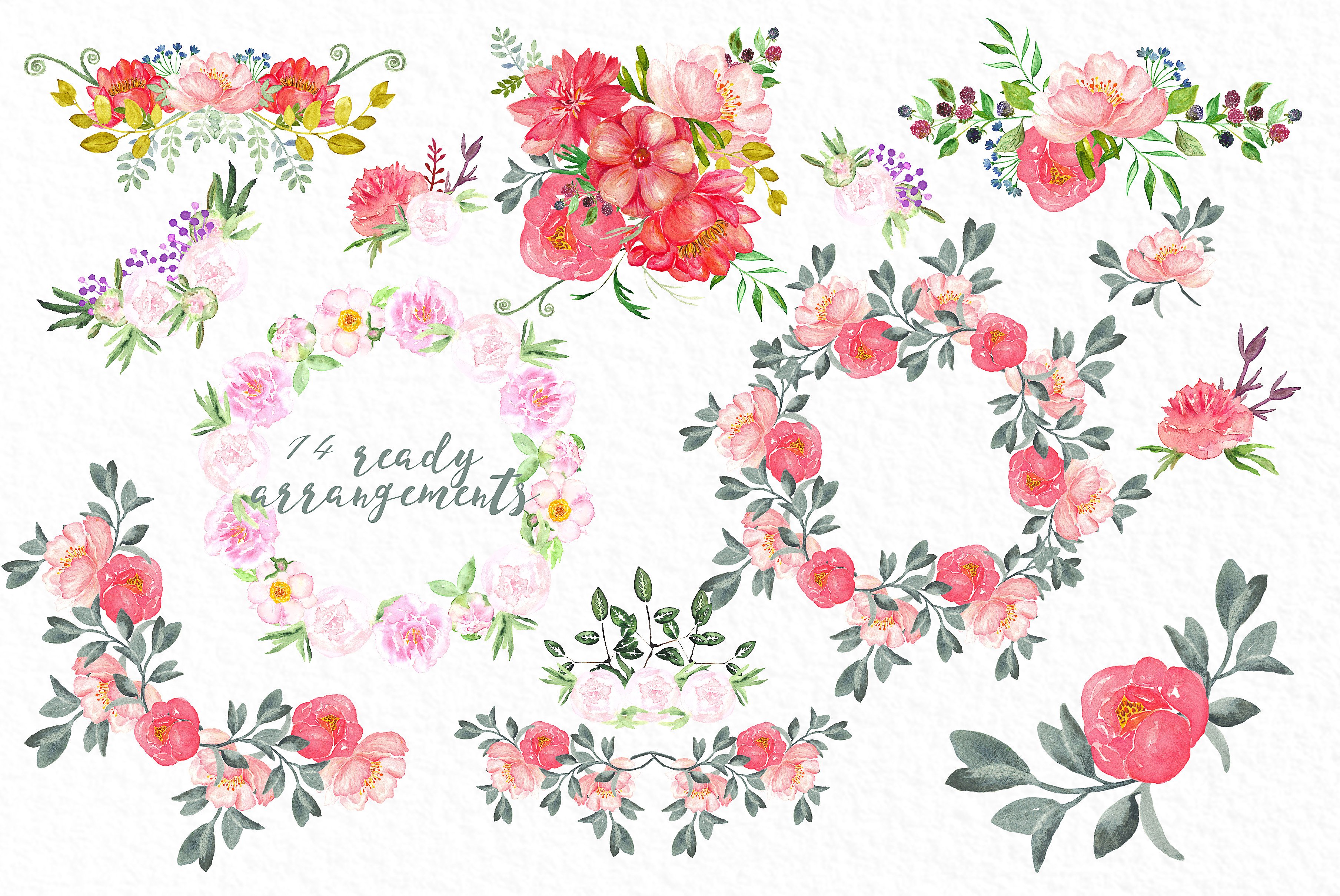 手绘水彩牡丹玫瑰花卉花束设计素材 Peonies-big-c