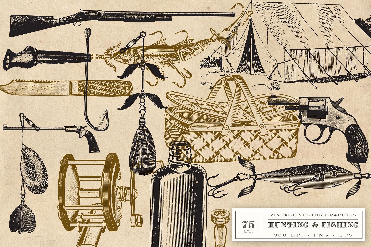 复古老式手绘狩猎露营主题工具武器插画素材 Hunting-F