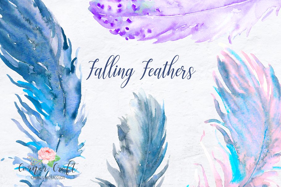 手绘水彩飘舞的羽毛元素素材 Watercolor-Falli