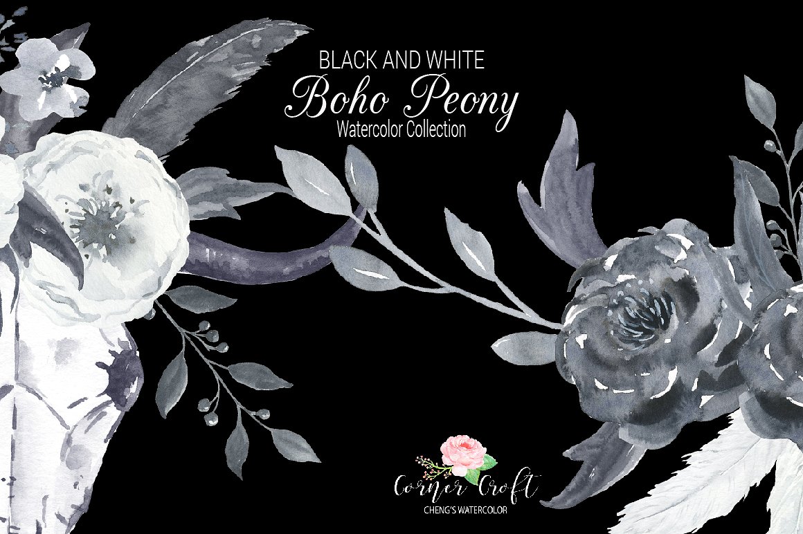 Boho Peonies Black and White