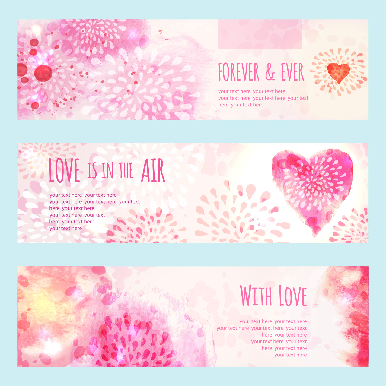 心形水彩花卉横幅贺卡三八妇女节母亲节快乐海报矢量素材
