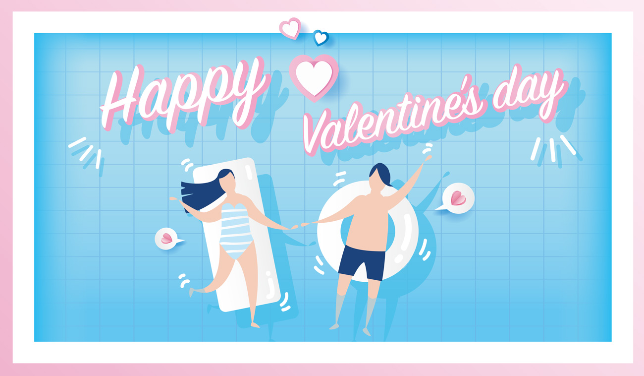 可爱粉色快乐的情侣在窗户上装饰情人节矢量海报素材 Happy