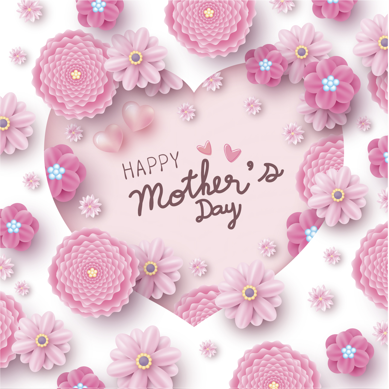 母亲节贺卡纸艺心形与粉红花卉概念设计矢量素材 Happy m