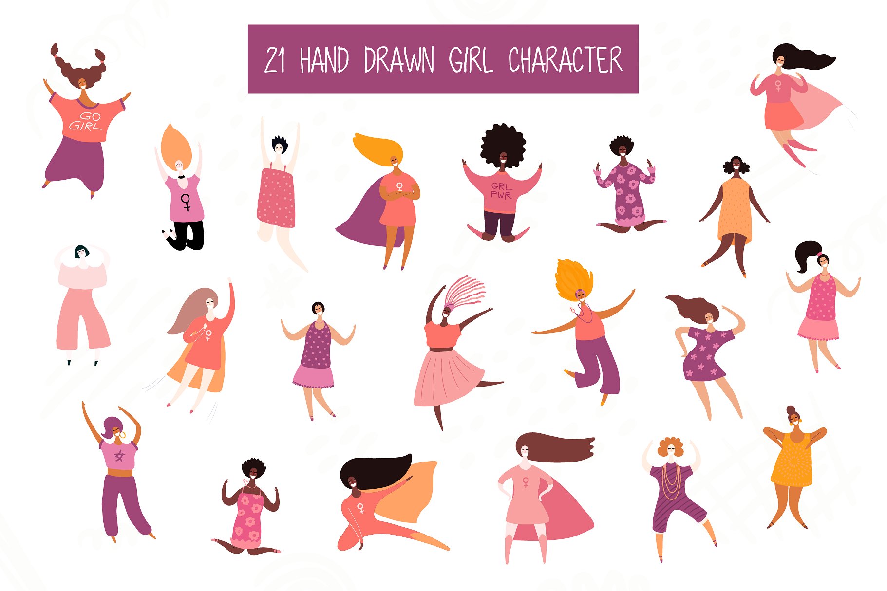 不同国家不同肤色的女孩插画素材合集包 Girl Power
