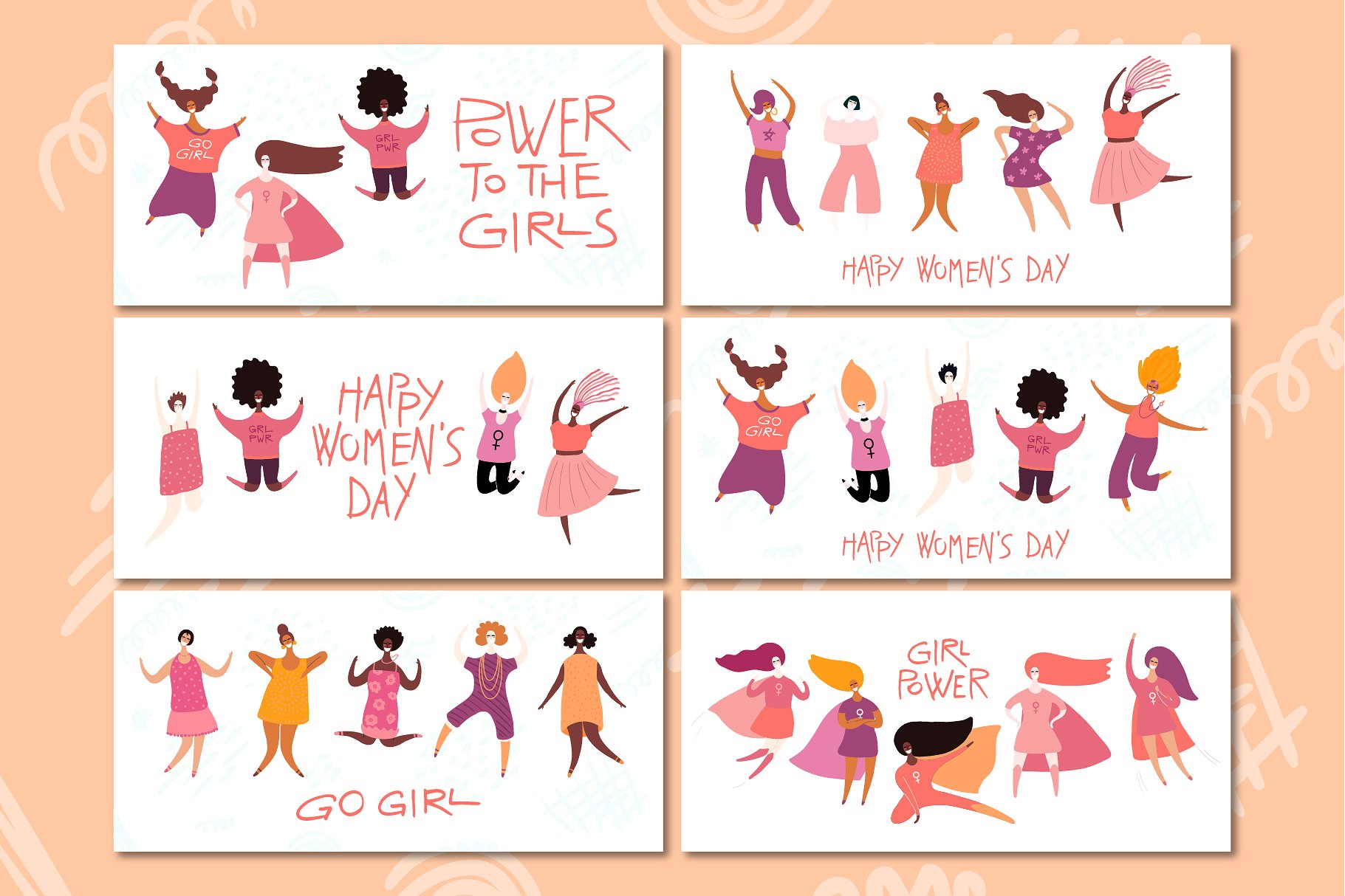 不同国家不同肤色的女孩插画素材合集包 Girl Power