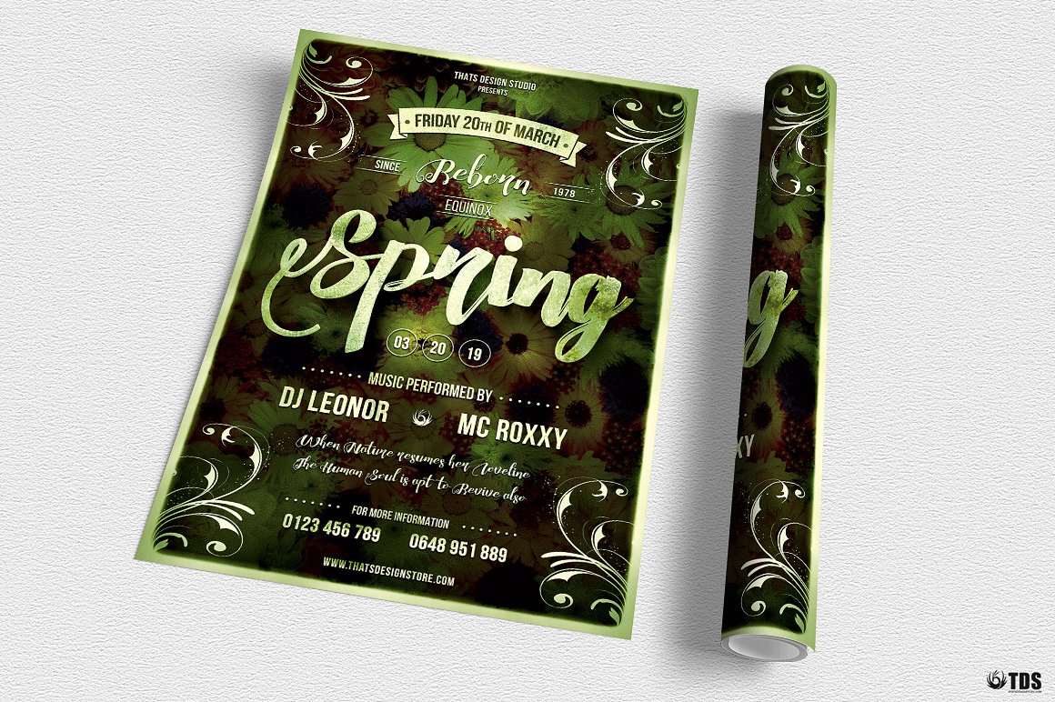 春季繁花绿叶背景传单海报PSD模板 Spring Equin