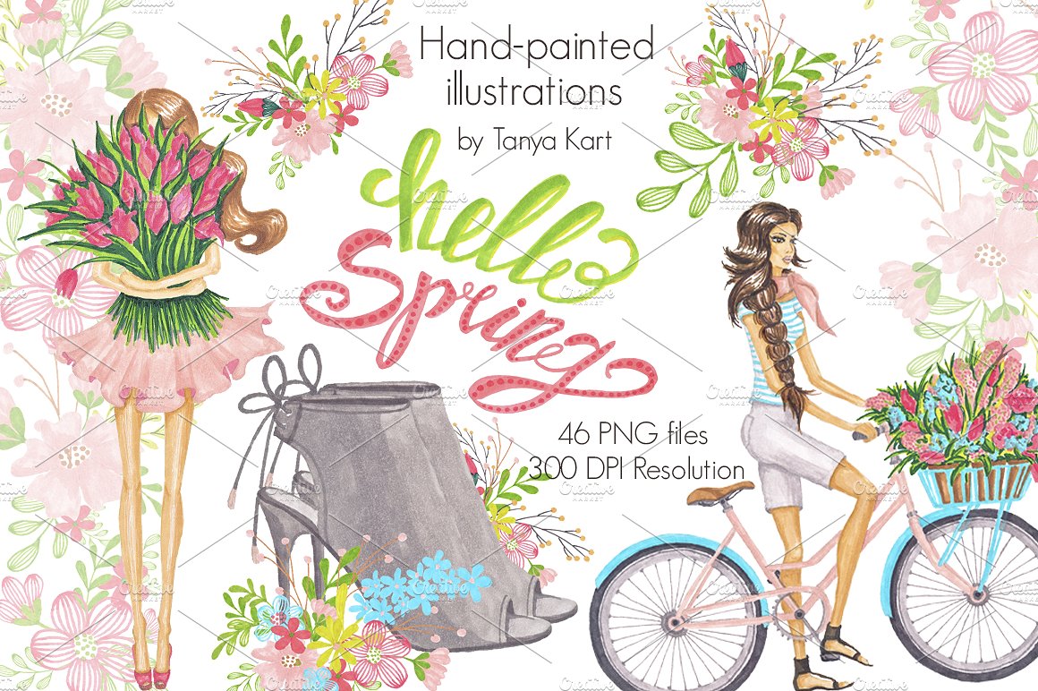 手绘水彩花卉植物设计素材Hello Spring Hand-