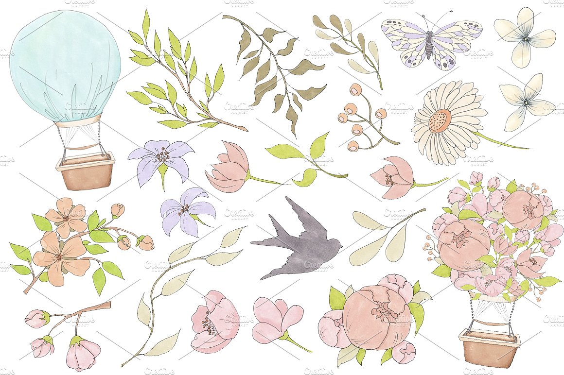 春季主题手绘水彩时尚插画素材Spring-Mood-Desi