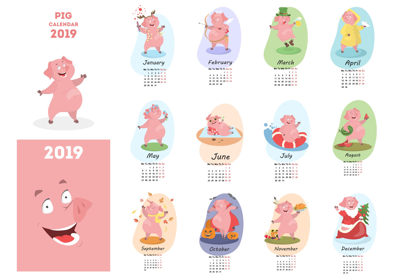 2019年卡通猪创意日历EPS矢量模版 Pig calend