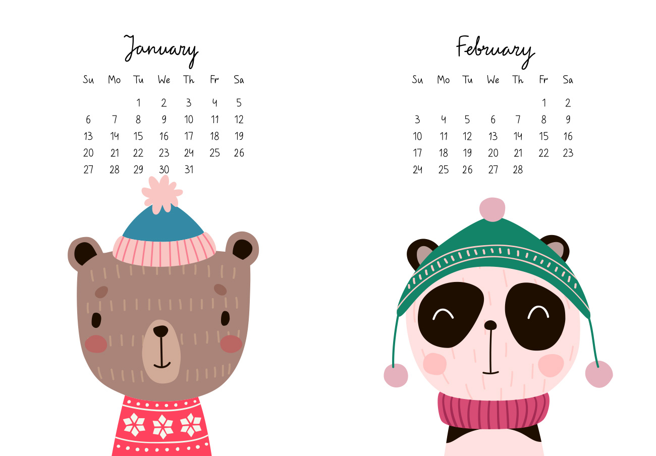 2019年可爱动物日历EPS矢量模板素材 Calendar