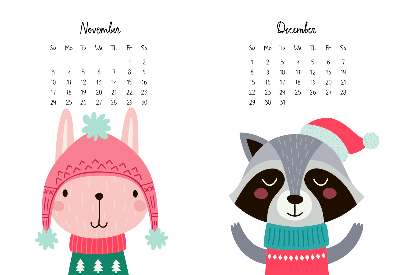 2019年可爱动物日历EPS矢量模板素材 Calendar