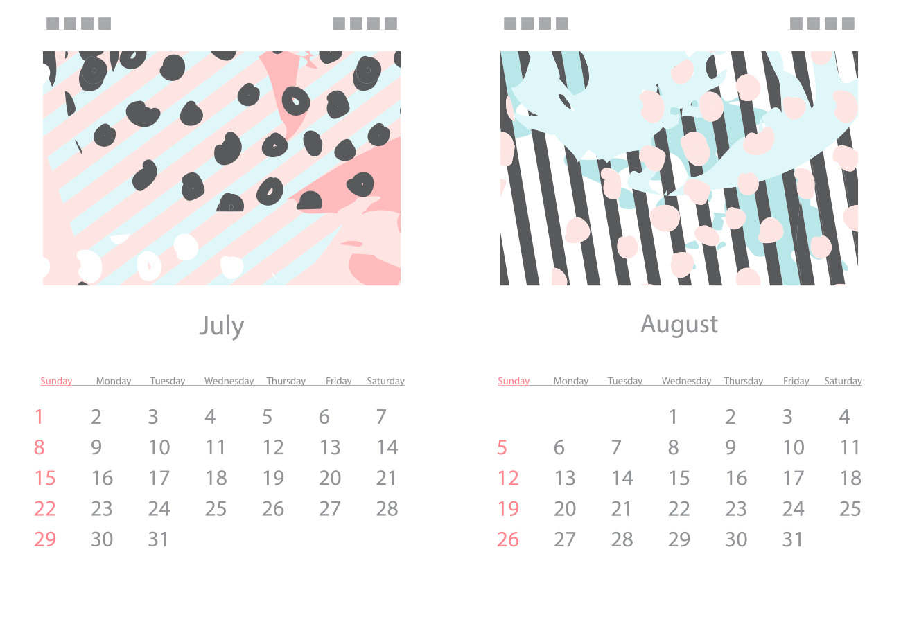 手绘抽象图案淡色背景日历模板矢量素材 Calendar fo