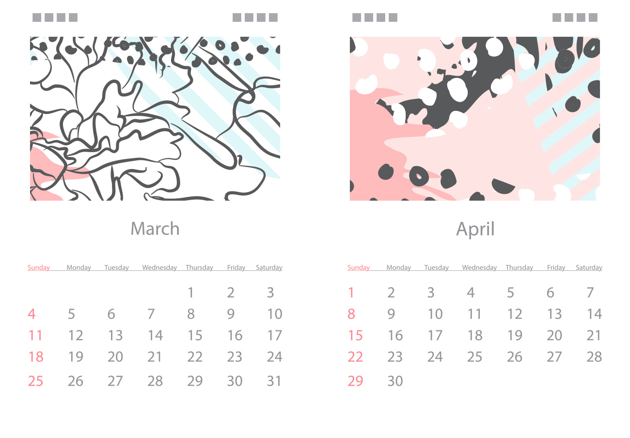 手绘抽象图案淡色背景日历模板矢量素材 Calendar fo