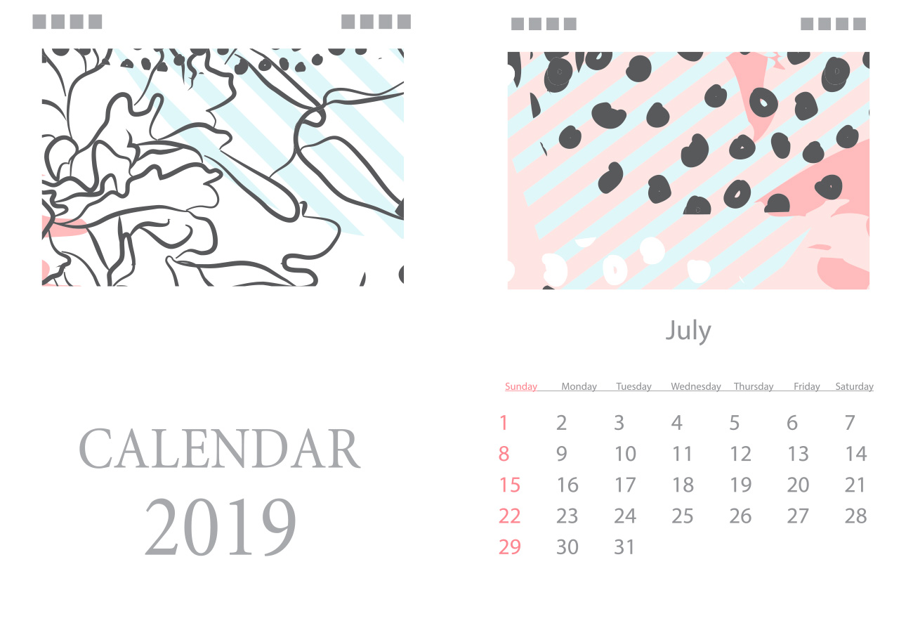 手绘抽象图案淡色背景日历模板矢量素材 Calendar fo