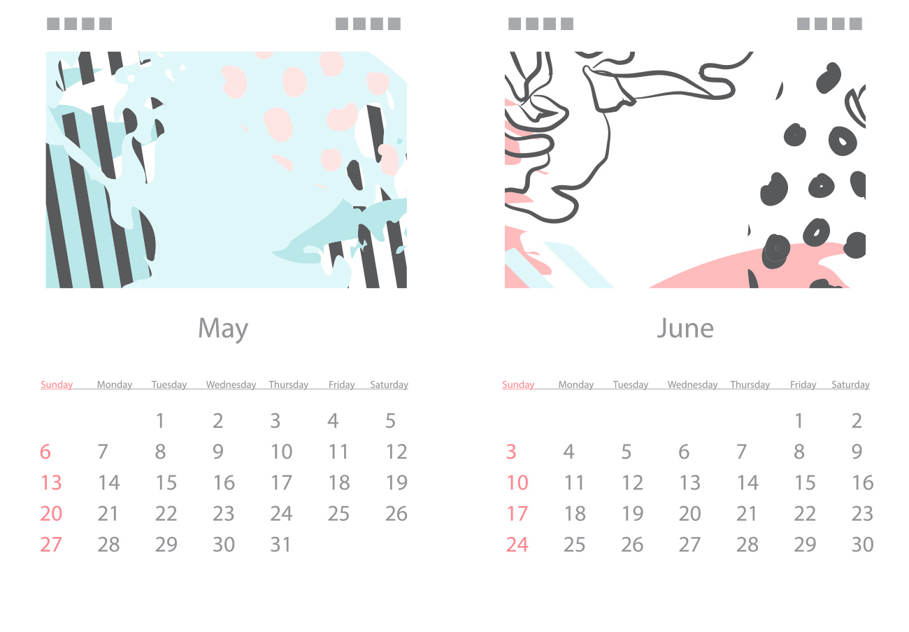 手绘抽象图案淡色背景日历模板矢量素材 Calendar fo