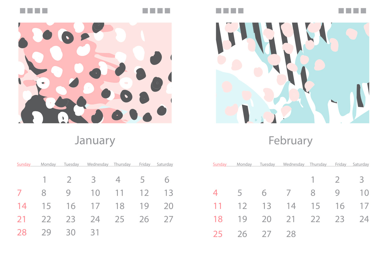 手绘抽象图案淡色背景日历模板矢量素材 Calendar fo