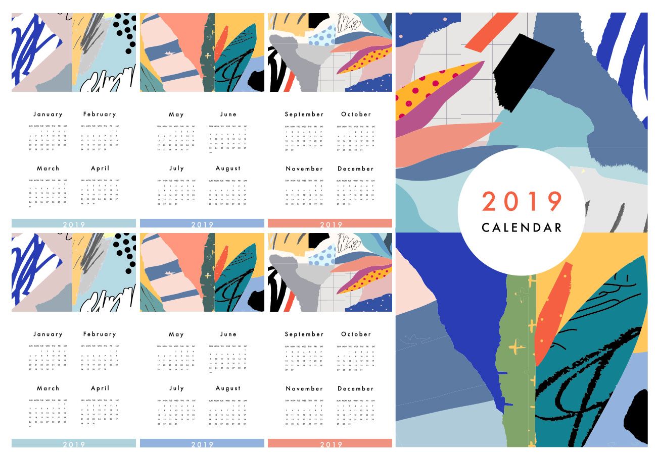2019年创意抽象现代艺术日历EPS矢量模板 Calenda