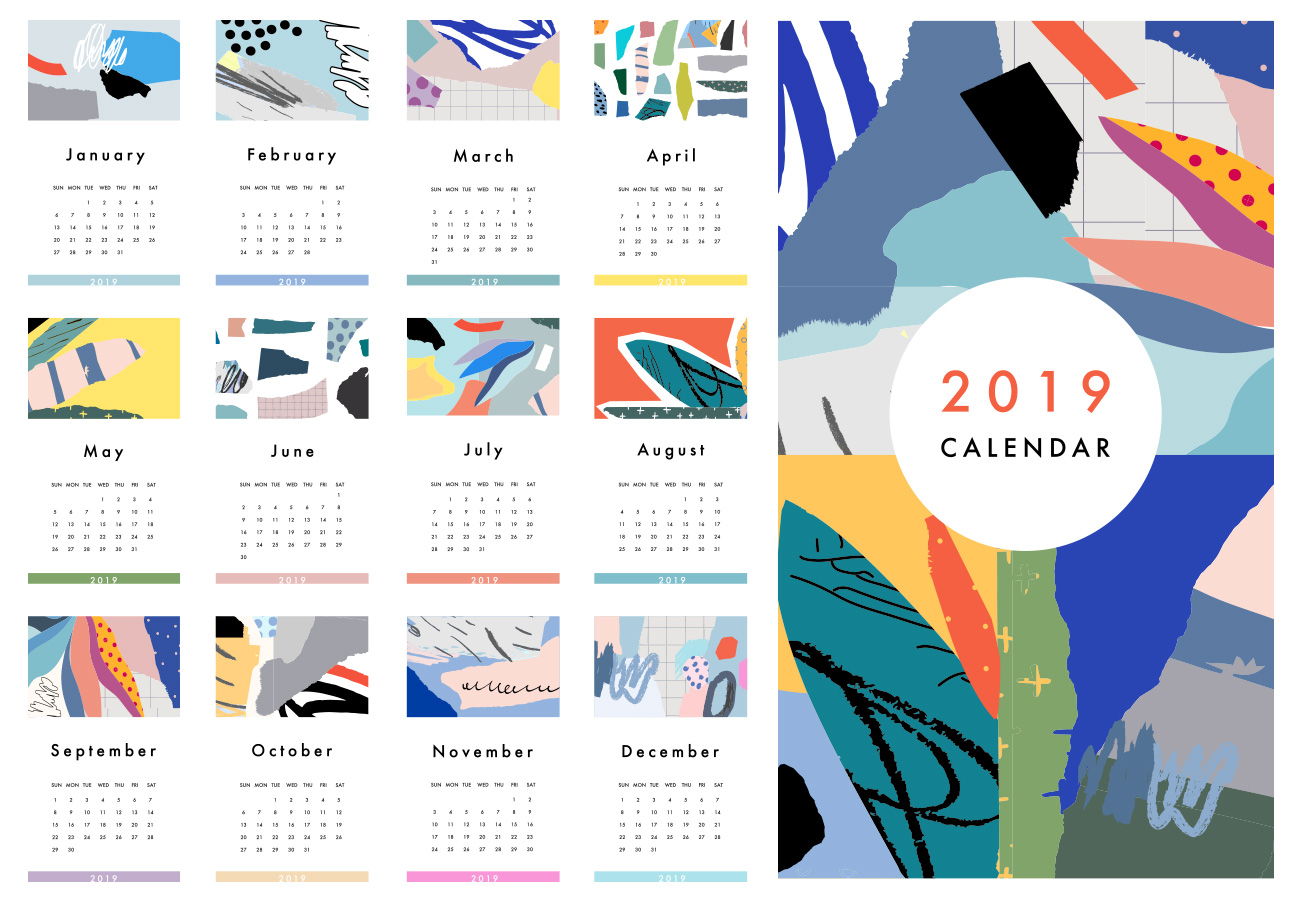 2019年创意抽象现代艺术日历EPS矢量模板 Calenda